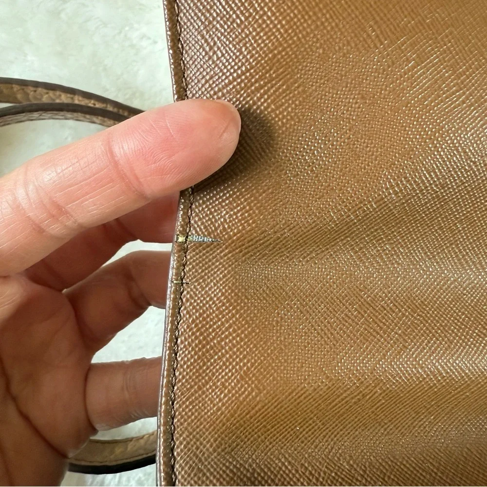 DKNY Tan Genuine Leather and Fabric Crossbody Handbag